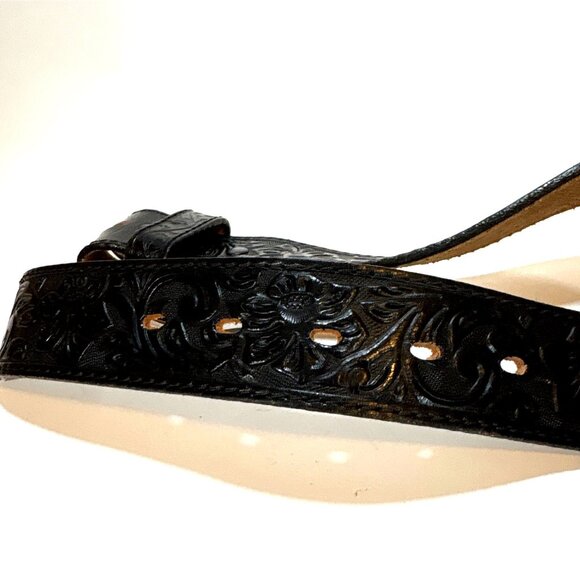 NWOT Justin Handcrafted Tooled Black Leather Belt With Longhorn Buckle - Picture 6 of 6